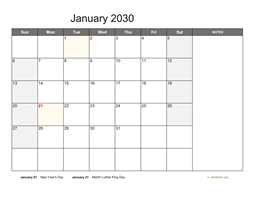 January 2030 Calendar with Notes