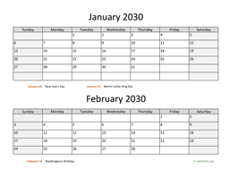 January and February 2030 Calendar