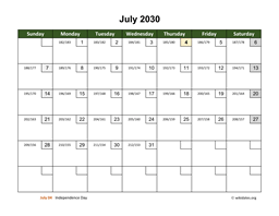 July 2030 Calendar with Day Numbers