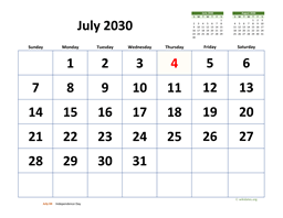 July 2030 Calendar with Extra-large Dates