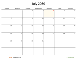 July 2030 Calendar with Bigger boxes