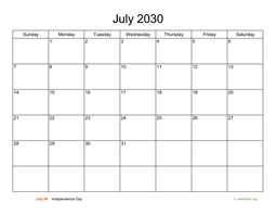 Basic Calendar for July 2030