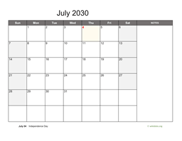 July 2030 Calendar with Notes