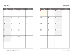 July 2030 Calendar on two pages