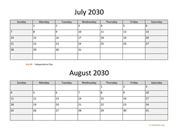 july and august 2030 calendar