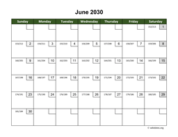 June 2030 Calendar with Day Numbers