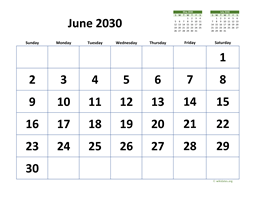 June 2030 Calendar with Extra-large Dates