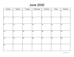 Basic Calendar for June 2030