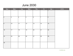 June 2030 Calendar with Notes