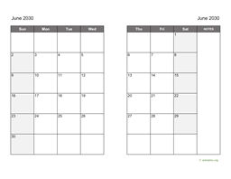 June 2030 Calendar on two pages