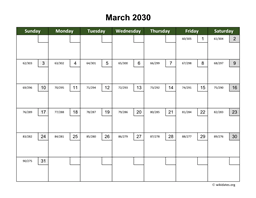 March 2030 Calendar with Day Numbers