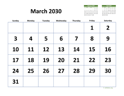 March 2030 Calendar with Extra-large Dates