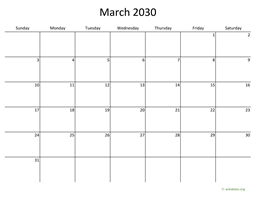 March 2030 Calendar with Bigger boxes