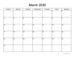 Basic Calendar for March 2030