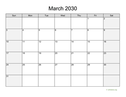 March 2030 Calendar with Weekend Shaded