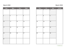 March 2030 Calendar on two pages