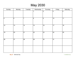 Basic Calendar for May 2030