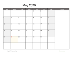May 2030 Calendar with Notes