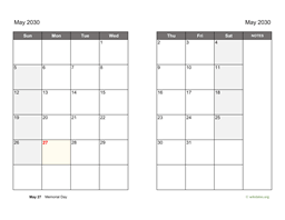 May 2030 Calendar on two pages
