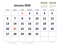 Monthly 2030 Calendar with Extra-large Dates