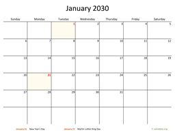 Monthly 2030 Calendar with Bigger boxes