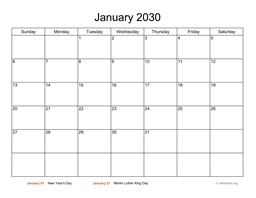 Monthly Basic Calendar for 2030