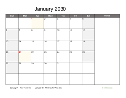 Monthly 2030 Calendar with Notes