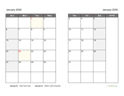 Monthly 2030 Calendar on two pages