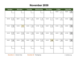 November 2030 Calendar with Day Numbers