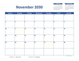 November 2030 Calendar Classic