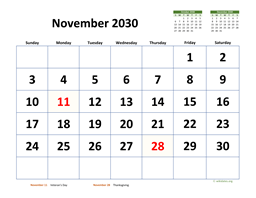 November 2030 Calendar with Extra-large Dates