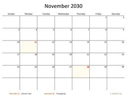 November 2030 Calendar with Bigger boxes