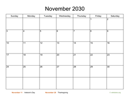 Basic Calendar for November 2030