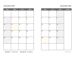 November 2030 Calendar on two pages