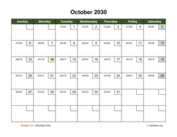 October 2030 Calendar with Day Numbers