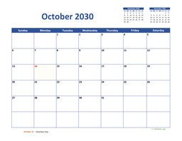 October 2030 Calendar Classic