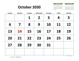 October 2030 Calendar with Extra-large Dates