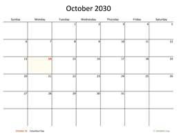 October 2030 Calendar with Bigger boxes