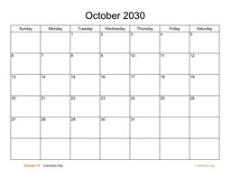 Basic Calendar for October 2030
