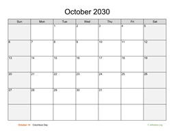 October 2030 Calendar with Weekend Shaded