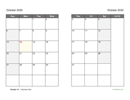 October 2030 Calendar on two pages
