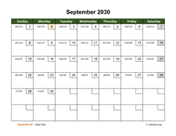 September 2030 Calendar with Day Numbers
