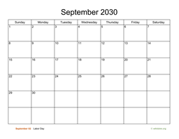 Basic Calendar for September 2030