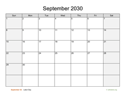 September 2030 Calendar with Weekend Shaded