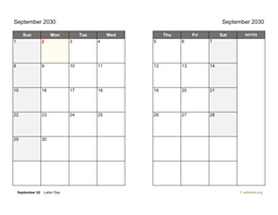 September 2030 Calendar on two pages