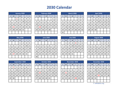 2030 Calendar in PDF