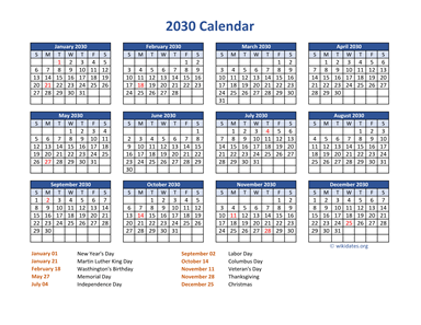 PDF Calendar 2030 with Federal Holidays