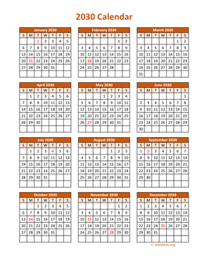 Full Year 2030 Calendar on one page