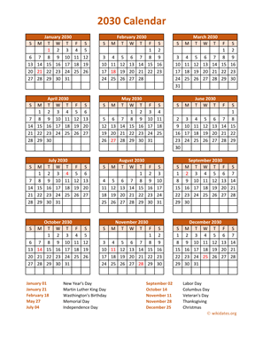 Calendar 2030 Vertical