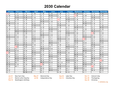 2030 Calendar Horizontal, One Page